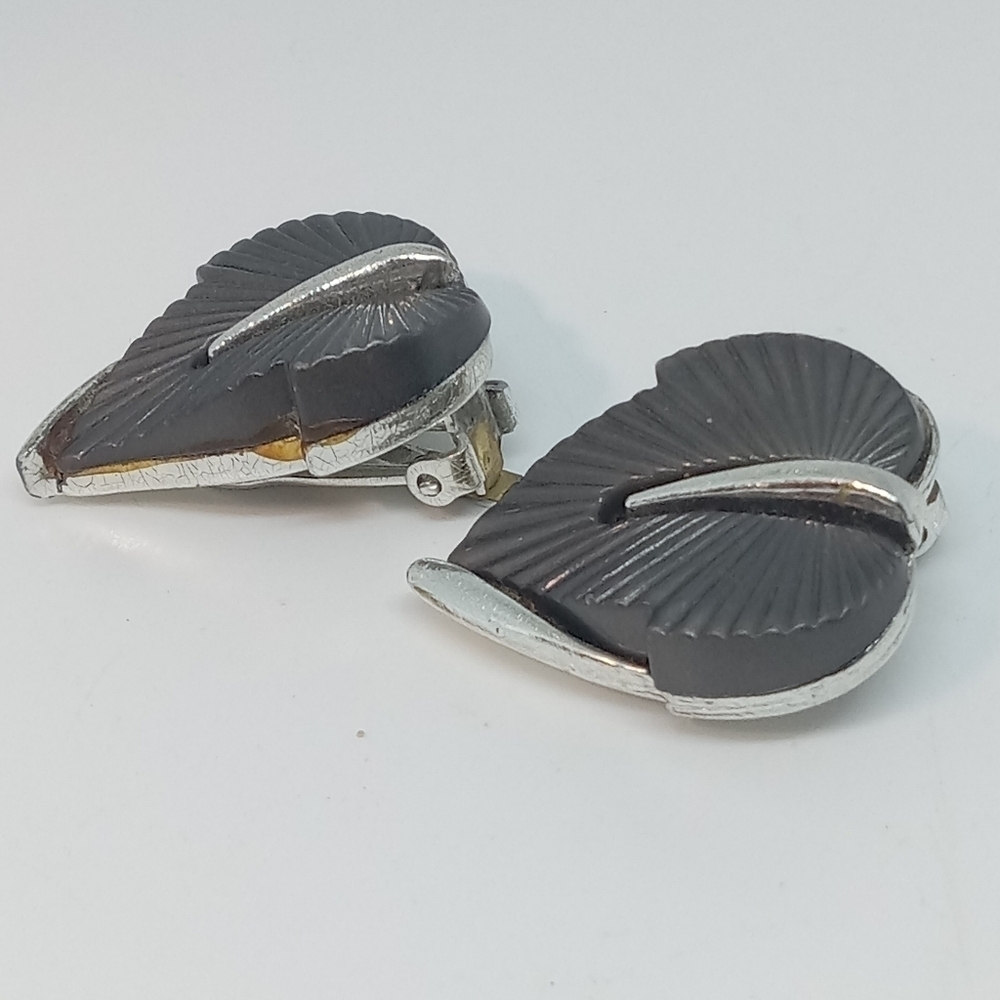 👍 5 for $20 vintage brown thermoset leaf leaves silver tone clip on earrings - Picture 3 of 5